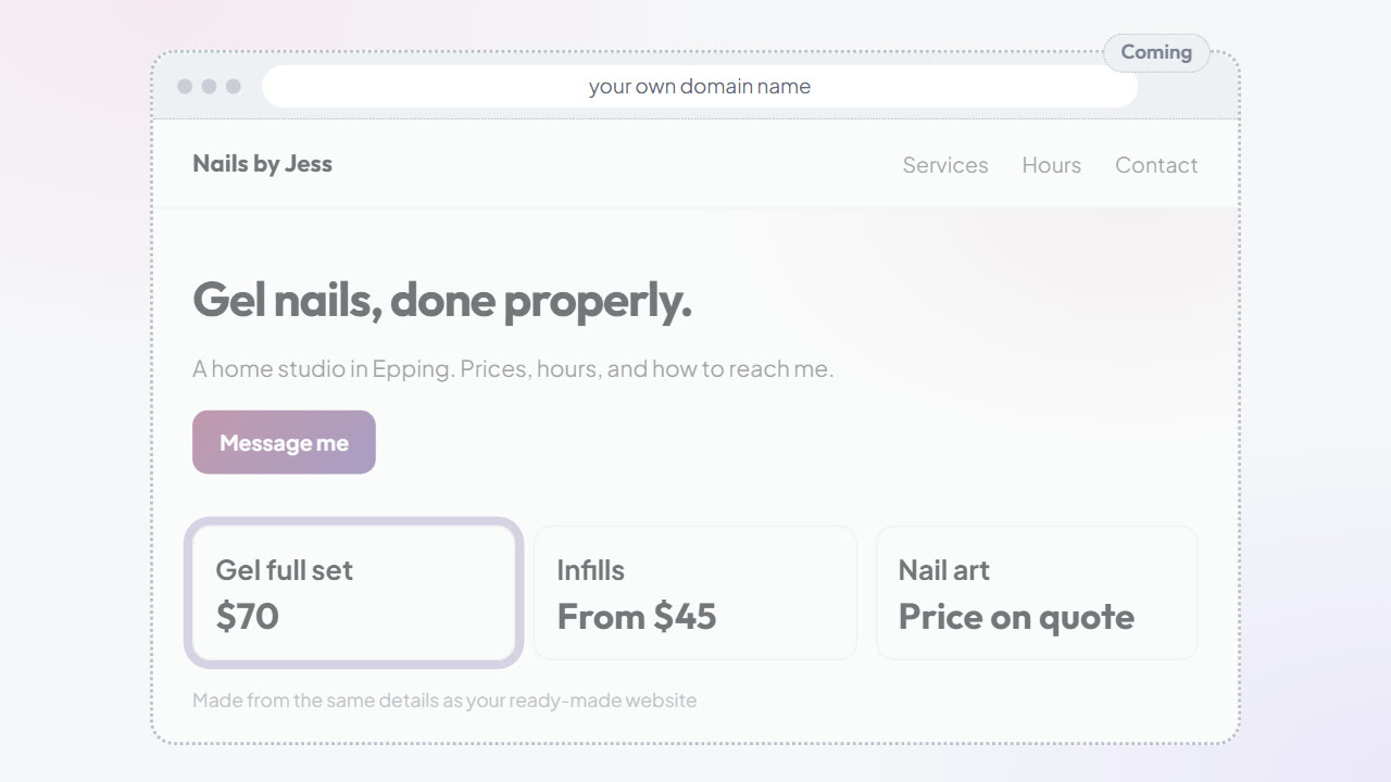 A price changed once in the workspace, and the own website drawn beside it as coming.